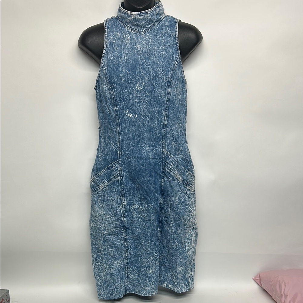 Blue Denim Sleeveless Dress size small highcollar jeans